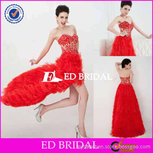 XL535 2014 red beaded lace applique ostrich feather short front long back prom dress